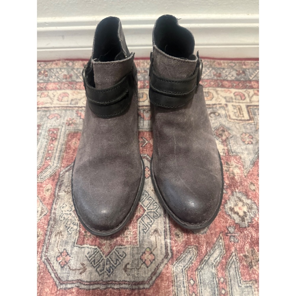 Born Grey Suede Black Leather Ankle Boots Buckle Strap Side Zip BR0040458 7M